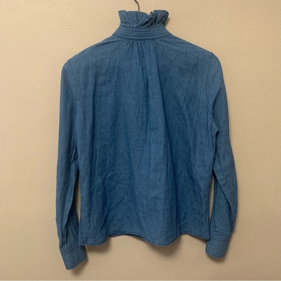 Tory Burch Chambray Ruffle Neck Blouse Size 2 Cotton Linen Blue - Picture 8 of 12